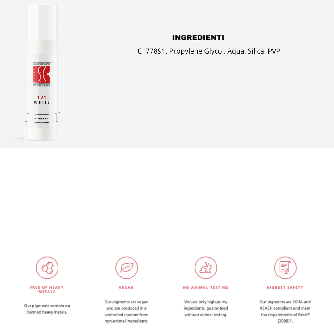 Pigmento 101 White Swiss Color 5 ml con lista ingredienti – Formula CI 77891 per effetto matte e schiariture professionali PMU.