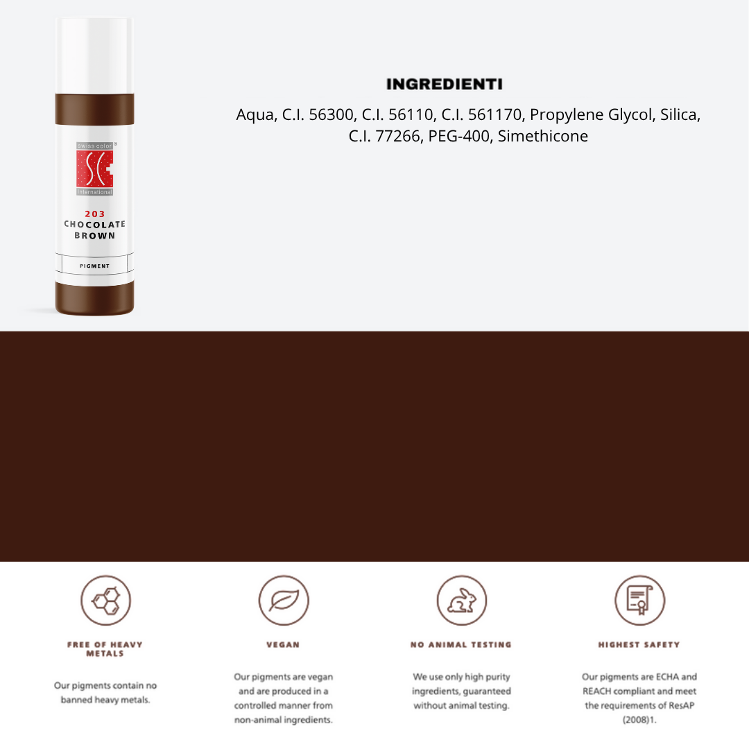Pigmento 203 Chocolate Brown Swiss Color 10 ml con ingredienti – ossidi di ferro e CI 77266 per sopracciglia PMU calde e naturali.
