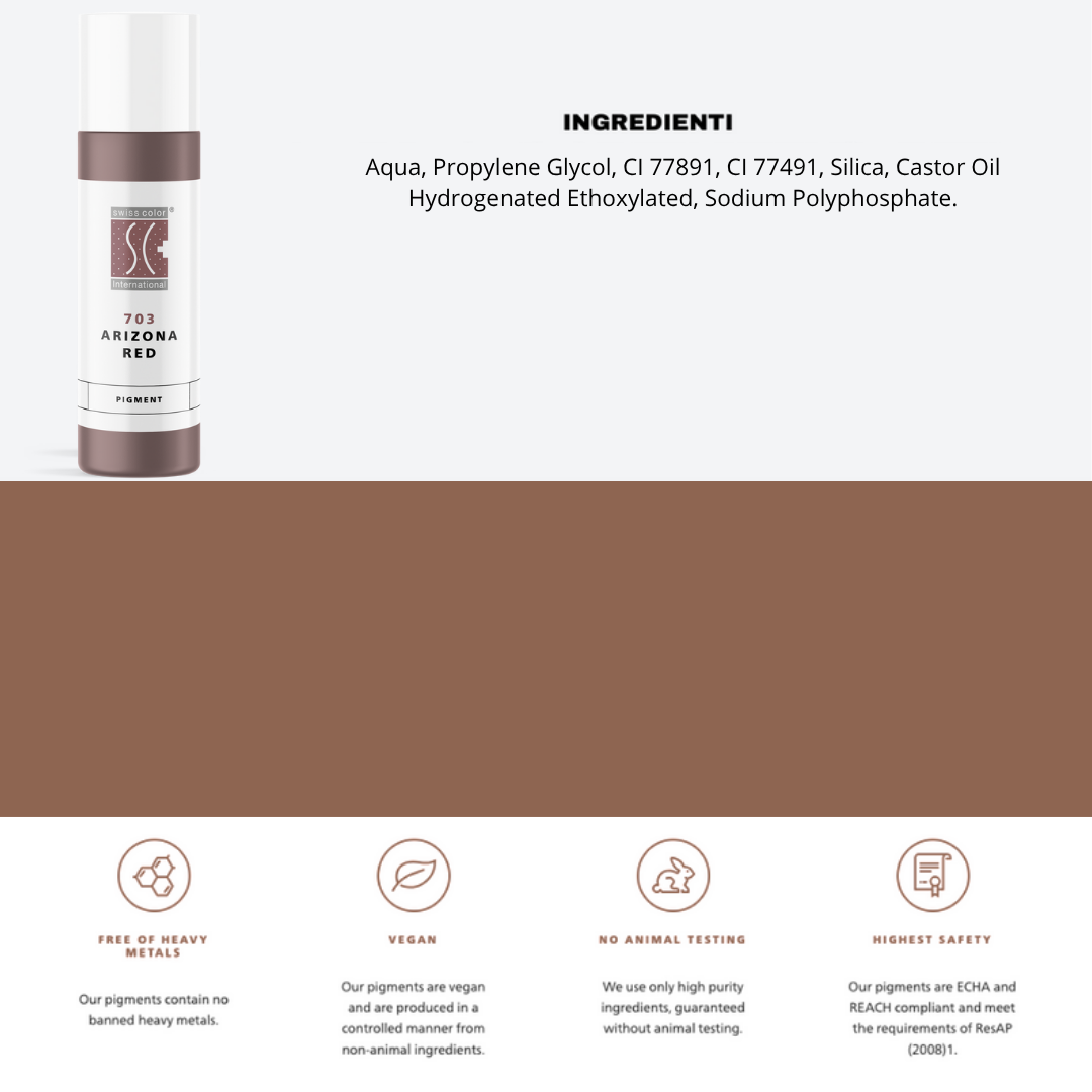Pigmento 703 Arizona Red Swiss Color in flaconi da 5 ml e 10 ml, lista ingredienti visibile – Formula minerale purificata per labbra e areola PMU.