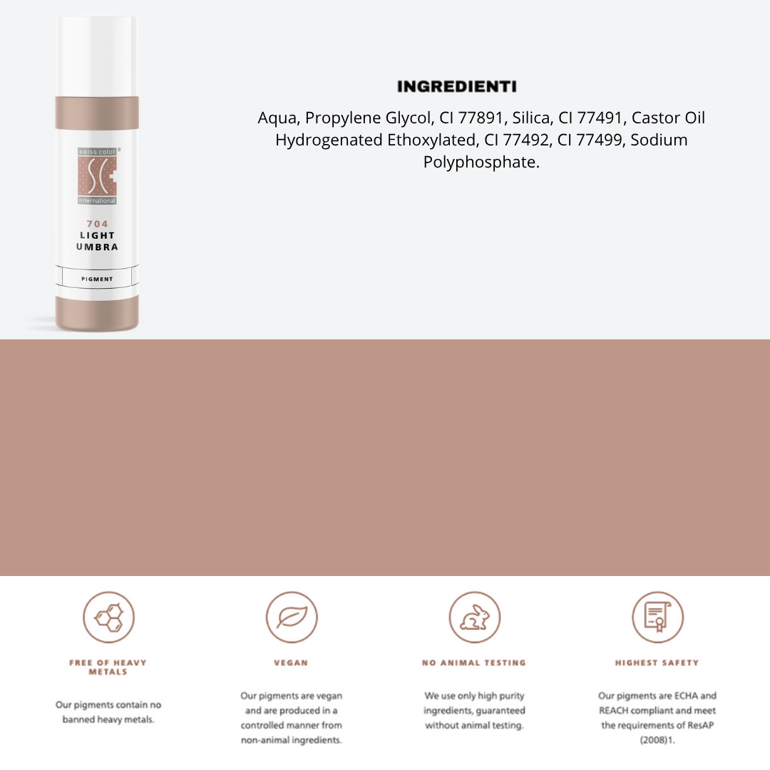 Pigmento 704 Light Umbra Swiss Color in flacone da 10 ml, lista ingredienti visibile – Formula minerale purificata per labbra e areola PMU.