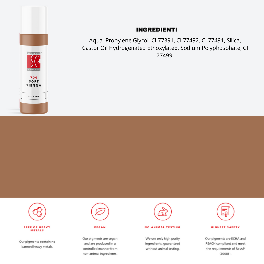 Pigmento 706 Soft Sienna Swiss Color in flacone da 10 ml, lista ingredienti visibile – Formula minerale purificata per labbra e areola PMU.