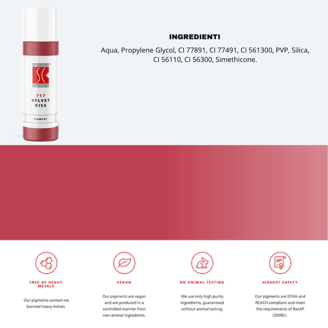 Pigmento 717 Velvet Kiss Swiss Color in flaconi 10 ml, lista ingredienti visibile, tono rosewood caldo e naturale.