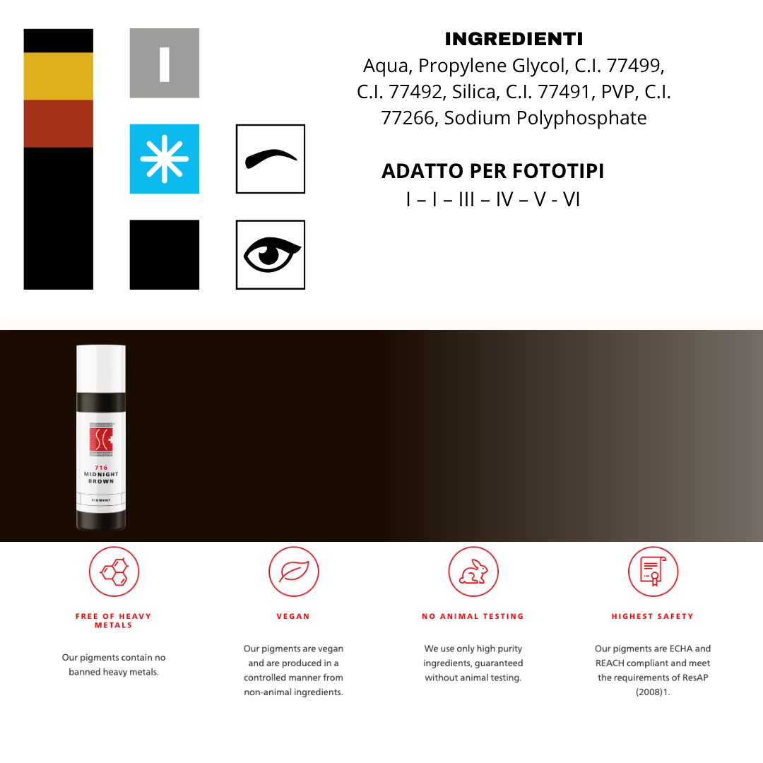 Pigmento Swiss Color 716 Midnight Brown – marrone scurissimo, profondo e stabile per sopracciglia definite.