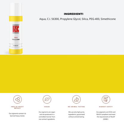 Pigmento 102 Yellow Swiss Color 10 ml con lista ingredienti – formula organica CI 56300 per correttivi PMU labbra e sopracciglia.