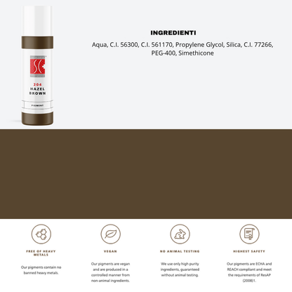 Pigmenti 204 Hazel Brown Swiss Color 5 ml e 10 ml con ingredienti visibili – ossidi di ferro CI 77266 per sopracciglia e areola PMU.