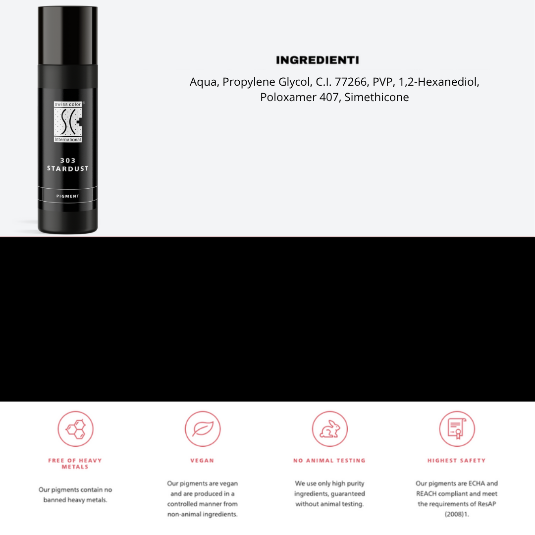 Pigmento 303 Stardust Swiss Color 10 ml con lista ingredienti – Base inorganica CI 77266 per eyeliner PMU vellutato e sfumato.