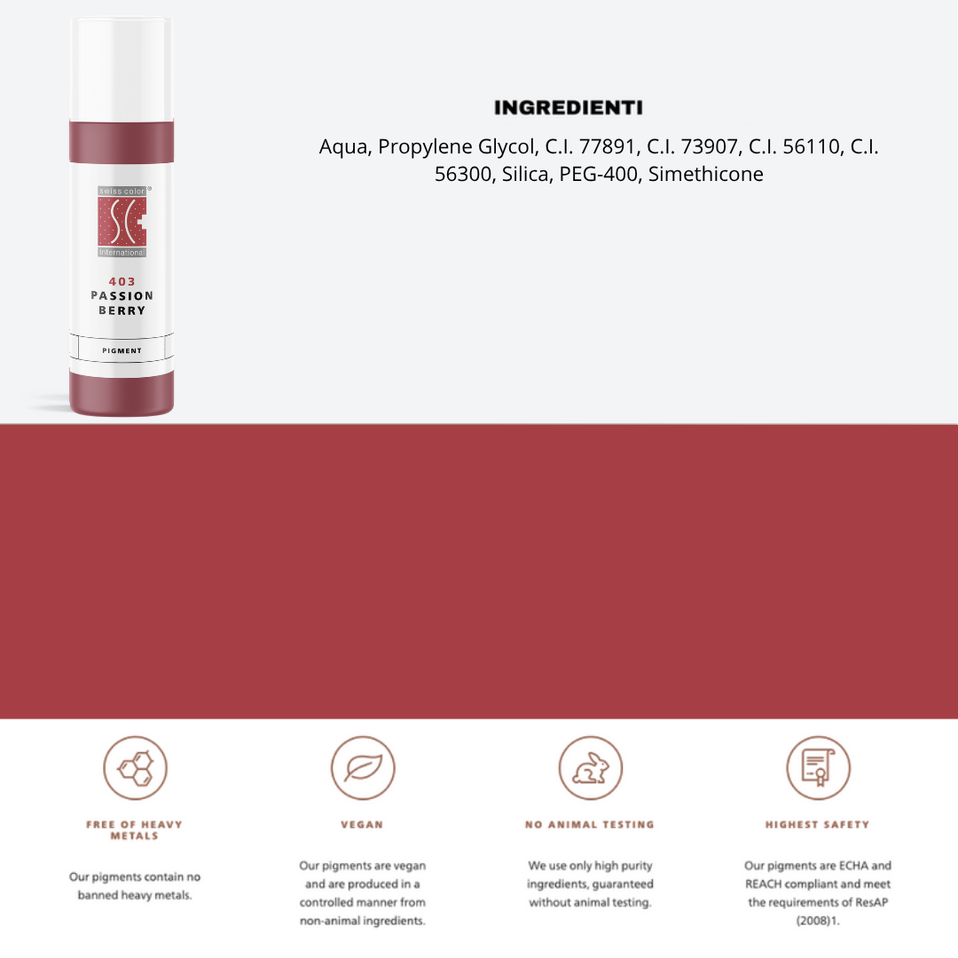 Pigmento 403 Passion Berry Swiss Color – Flaconi da 5 ml e 10 ml con lista ingredienti visibile. Formula ibrida stabile per PMU labbra e areola.