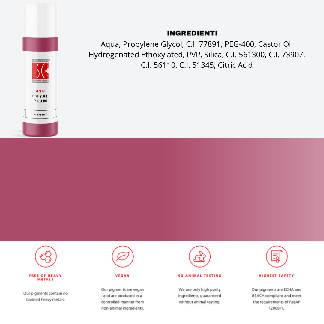 Scheda tecnica 410 Royal Plum Swiss Color – pigmento ibrido professionale ad alta resa cromatica per trucco permanente.