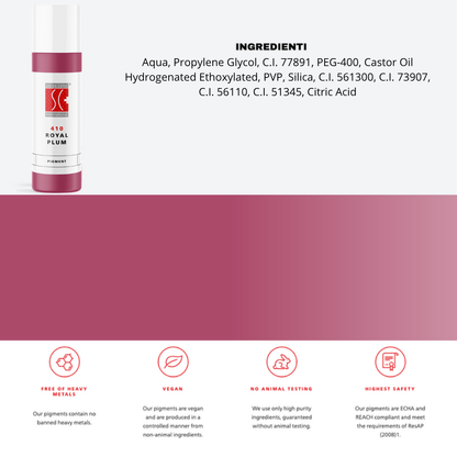 Scheda tecnica 410 Royal Plum Swiss Color – pigmento ibrido professionale ad alta resa cromatica per trucco permanente.