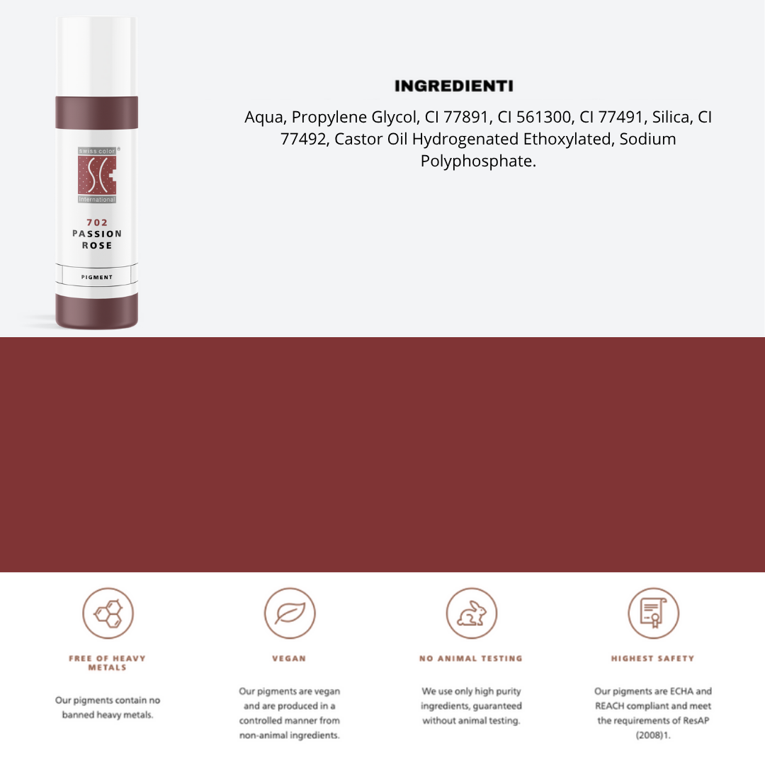 Pigmento 702 Passion Rose Swiss Color in flaconi da 5 ml e 10 ml, lista ingredienti visibile – Formula minerale purificata per labbra e areola PMU.