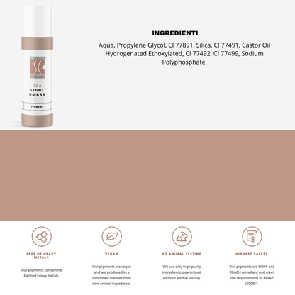 Pigmento 704 Light Umbra Swiss Color in flacone da  10 ml, lista ingredienti visibile – Formula minerale purificata per labbra e areola PMU.