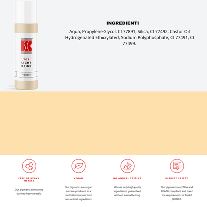 Pigmento 707 Light Beige Swiss Color in flacone 10 ml, lista ingredienti visibile – Formula minerale purificata per camouflage e liplight PMU.