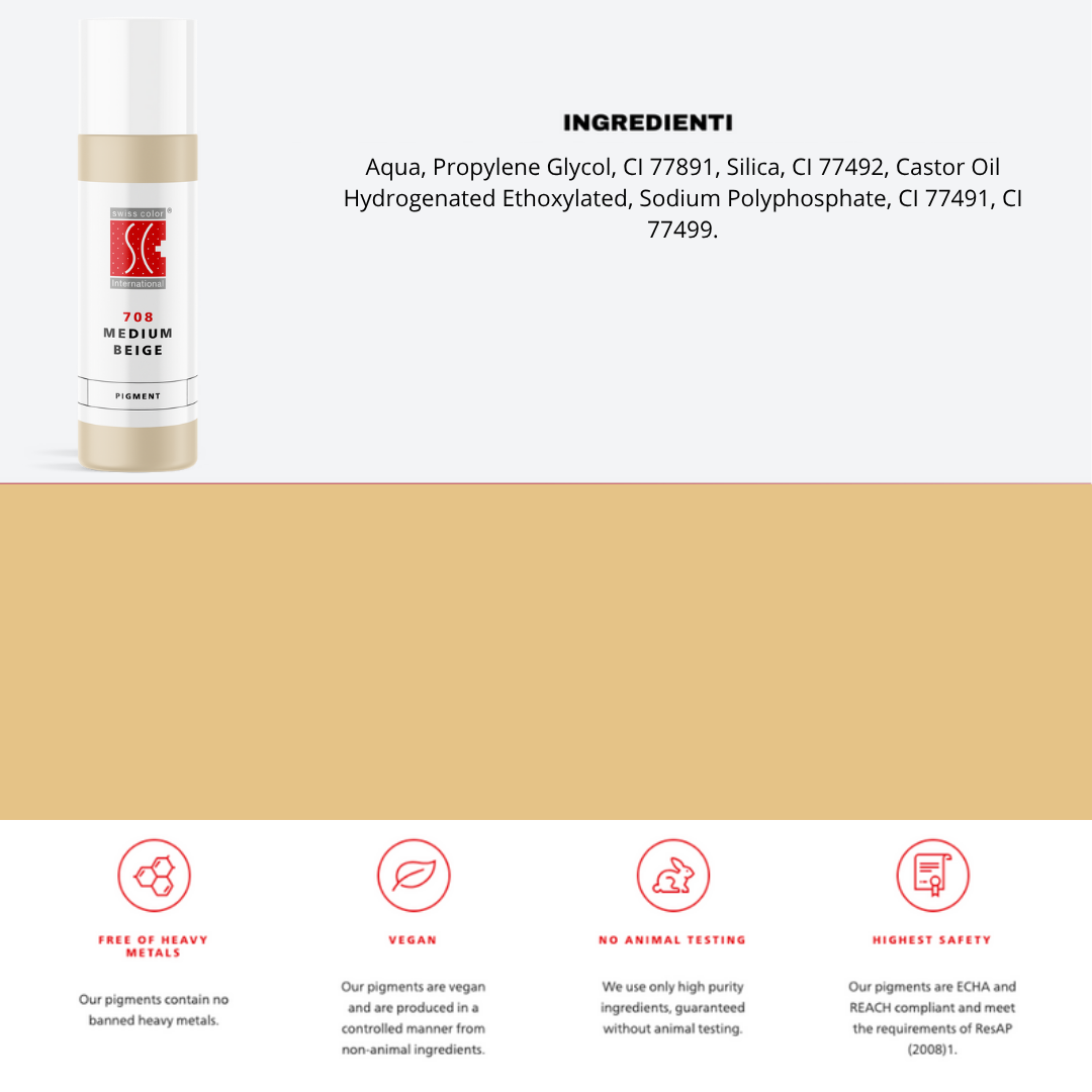Pigmento 708 Medium Beige Swiss Color in flacone da  10 ml, lista ingredienti visibile – Formula minerale purificata per camouflage e correzioni PMU.
