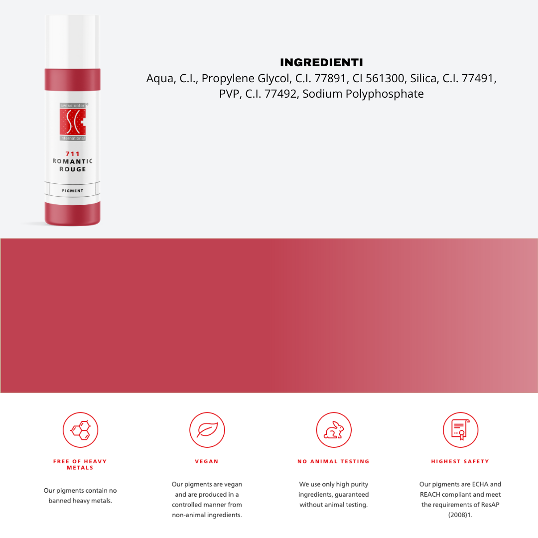 Pigmento 711 Romantic Rouge Swiss Color in flaconi da 5 ml e 10 ml con lista ingredienti visibile – Formula minerale purificata per labbra naturali e uniformi.