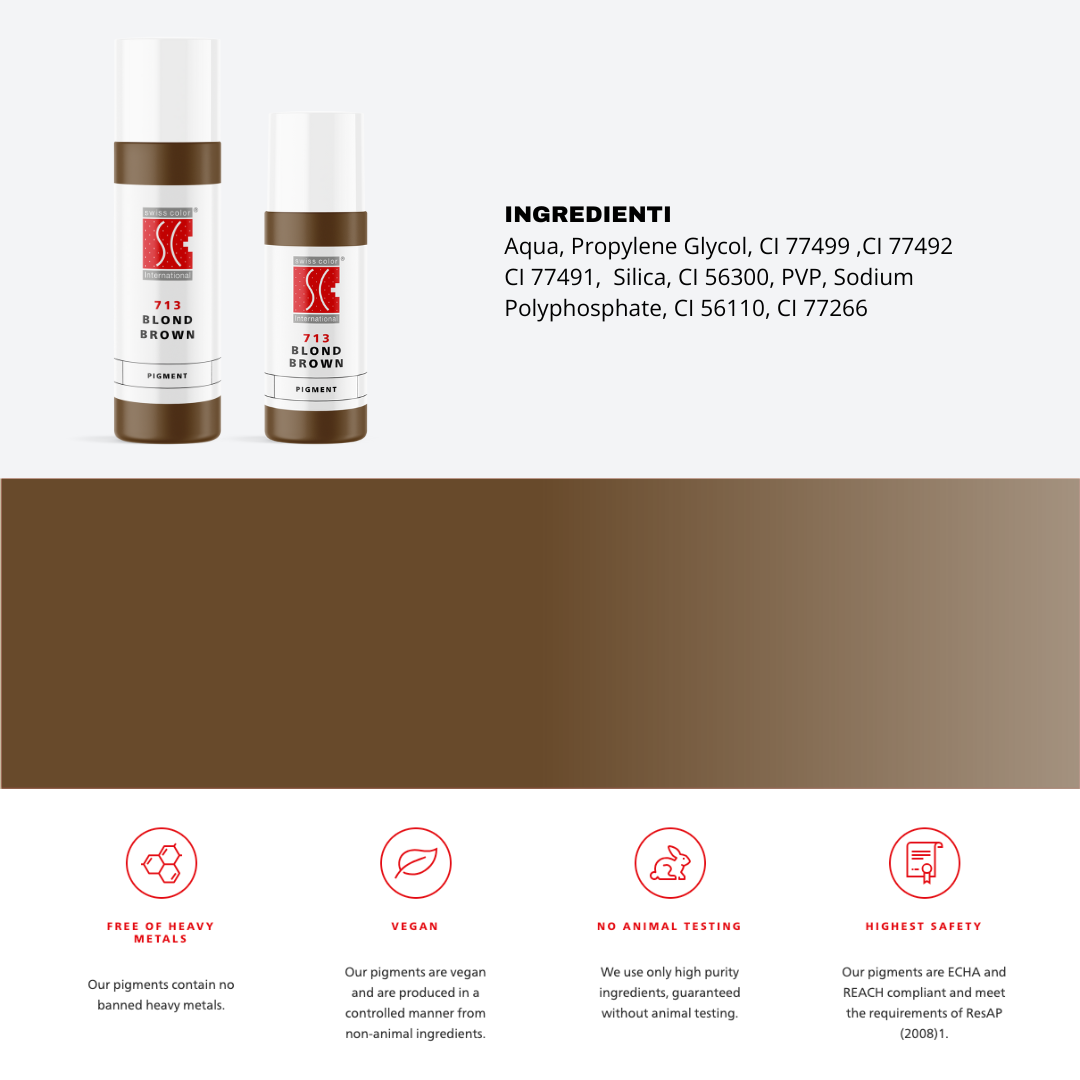 Pigmento 713 Blond Brown Swiss Color in flaconi da 5 ml e 10 ml con lista ingredienti completa – Formula ibrida purificata per sopracciglia e dermopigmentazione areola.
