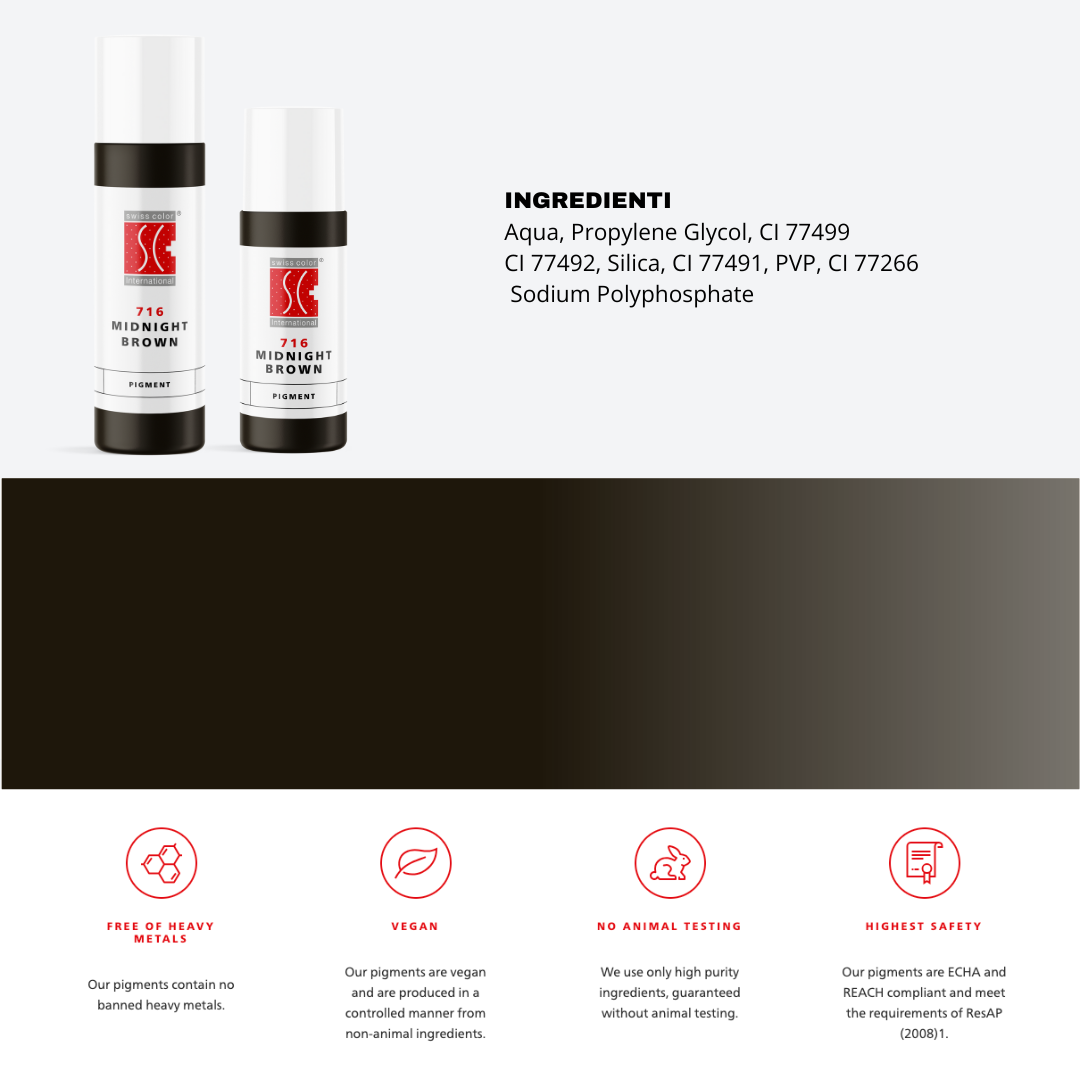 Pigmento 716 Midnight Brown Swiss Color in flaconi da 5 ml e 10 ml con lista ingredienti completa – Formula inorganica purificata per trucco permanente PMU.