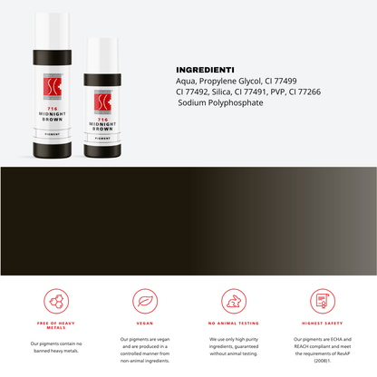 Pigmento 716 Midnight Brown Swiss Color in flaconi da 5 ml e 10 ml con lista ingredienti completa – Formula inorganica purificata per trucco permanente PMU.