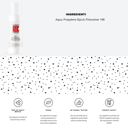 Ingredienti e utilizzo della 901 Pigment Solution Swiss Color – Aqua, Propylene Glycol, Poloxamer 188, formula per diluire pigmenti PMU.