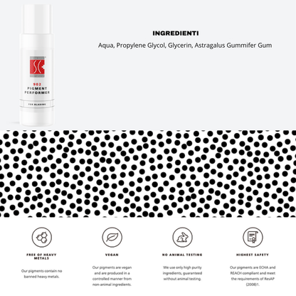 Additivo 902 Pigment Performer Swiss Color 15 ml con ingredienti visibili – formula con Glicerina e Gomma Astragalo per pigmenti PMU.
