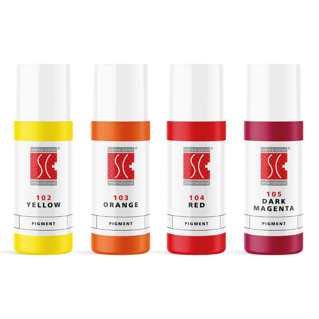 Kit Pigmenti Organici Swiss Color 5 ml – Set con 102 Yellow, 103 Orange, 104 Red e 105 Dark Magenta per miscele PMU brillanti e dinamiche.