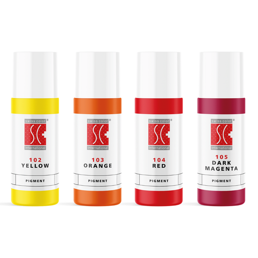 Kit Pigmenti Organici Swiss Color 5 ml – Set con 102 Yellow, 103 Orange, 104 Red e 105 Dark Magenta per miscele PMU brillanti e dinamiche.