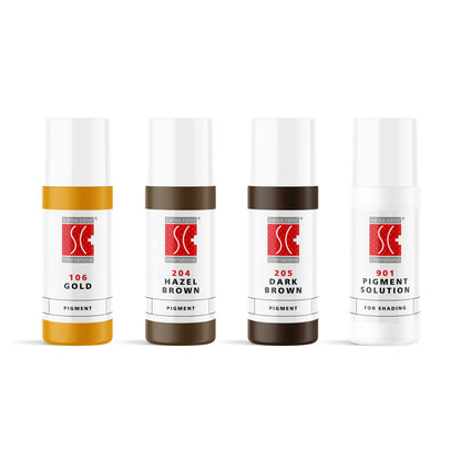 Kit sopracciglia Swiss Color – Selezione 5 ml con pigmenti 106 Gold, 204 Hazel Brown, 205 Dark Brown e 901 Pigment Solution, ideale per Powder e Pixel Brows.