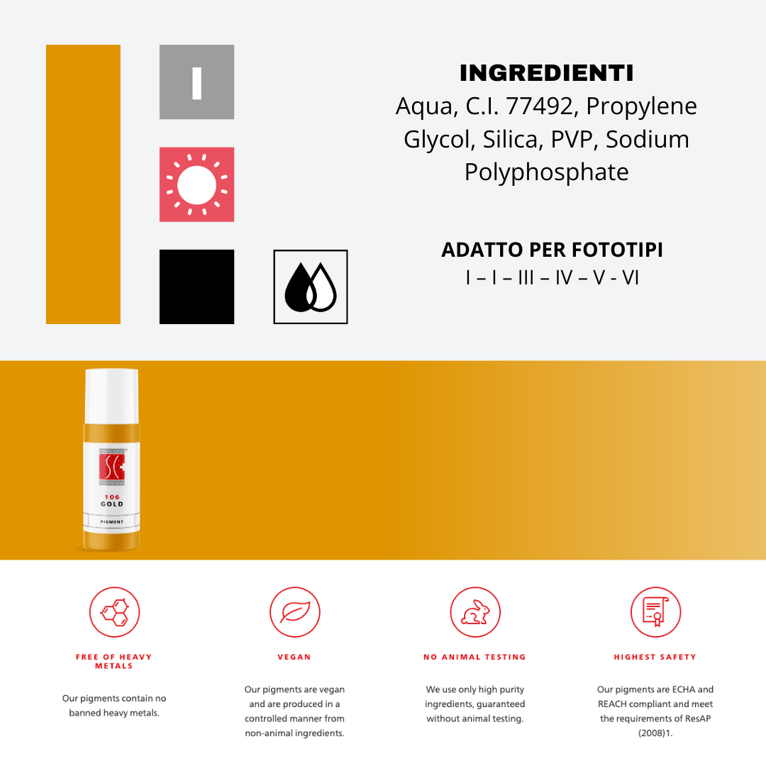 Pigmento Swiss Color 106 Gold 5 ml – Tonalità calda correttiva per sopracciglia, ideale per scaldare miscele e bilanciare toni freddi.