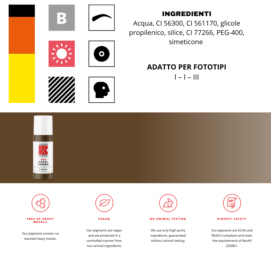 Pigmento Swiss Color 204 Hazel Brown 5 ml – Marrone naturale per sopracciglia, perfetto per effetti soft e tecniche Powder/Ombré.