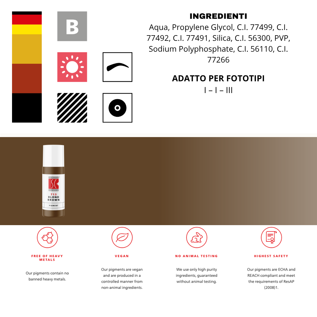 Pigmento Swiss Color 713 Blond Brown – biondo naturale matte per sopracciglia, formula minerale REACH.