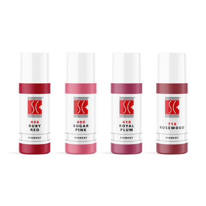 Set pigmenti labbra Obsession Lips Swiss Color 5 ml – 4 colori professionali per trucco permanente: Ruby Red, Sugar Pink, Royal Plum e Rosewood. Formula REACH, vegana e stabile nel tempo.