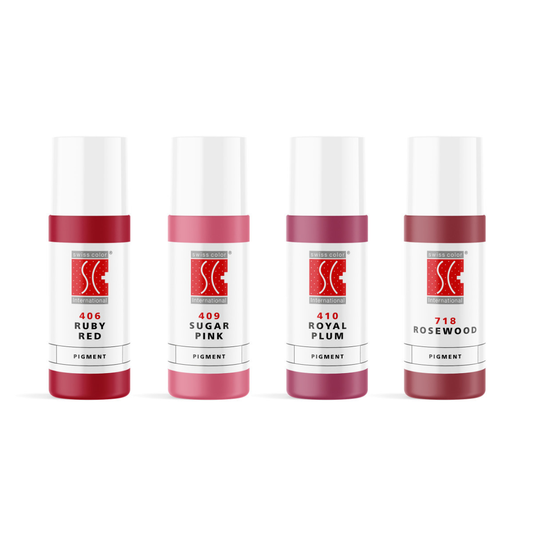 Set pigmenti labbra Obsession Lips Swiss Color 5 ml – 4 colori professionali per trucco permanente: Ruby Red, Sugar Pink, Royal Plum e Rosewood. Formula REACH, vegana e stabile nel tempo.