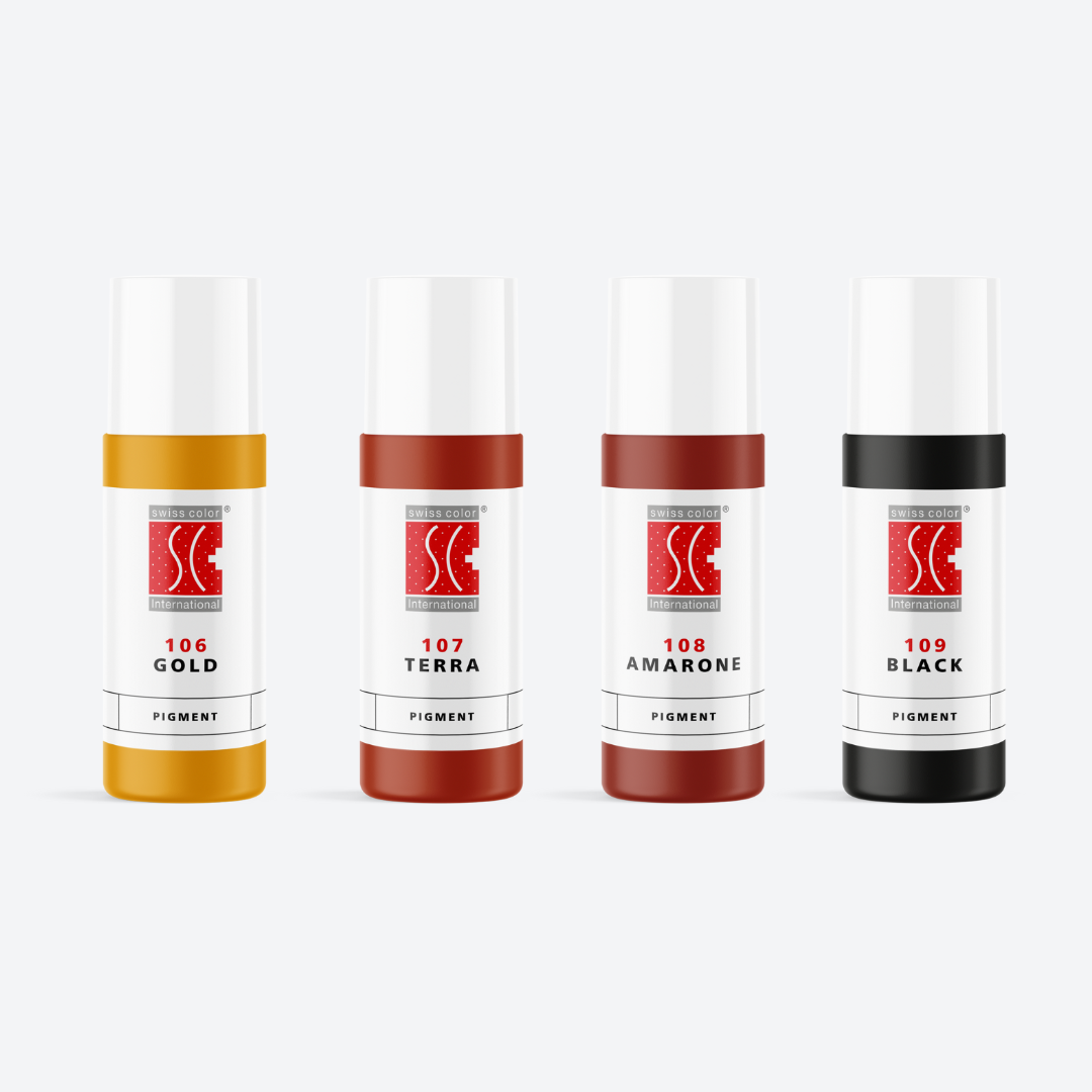 Kit pigmenti minerali Swiss Color da 5 ml – Set professionale con 4 colori base (Gold, Terra, Amarone, Black) per miscelazioni PMU.