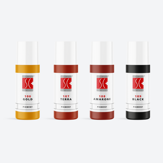 Kit pigmenti minerali Swiss Color da 5 ml – Set professionale con 4 colori base (Gold, Terra, Amarone, Black) per miscelazioni PMU.